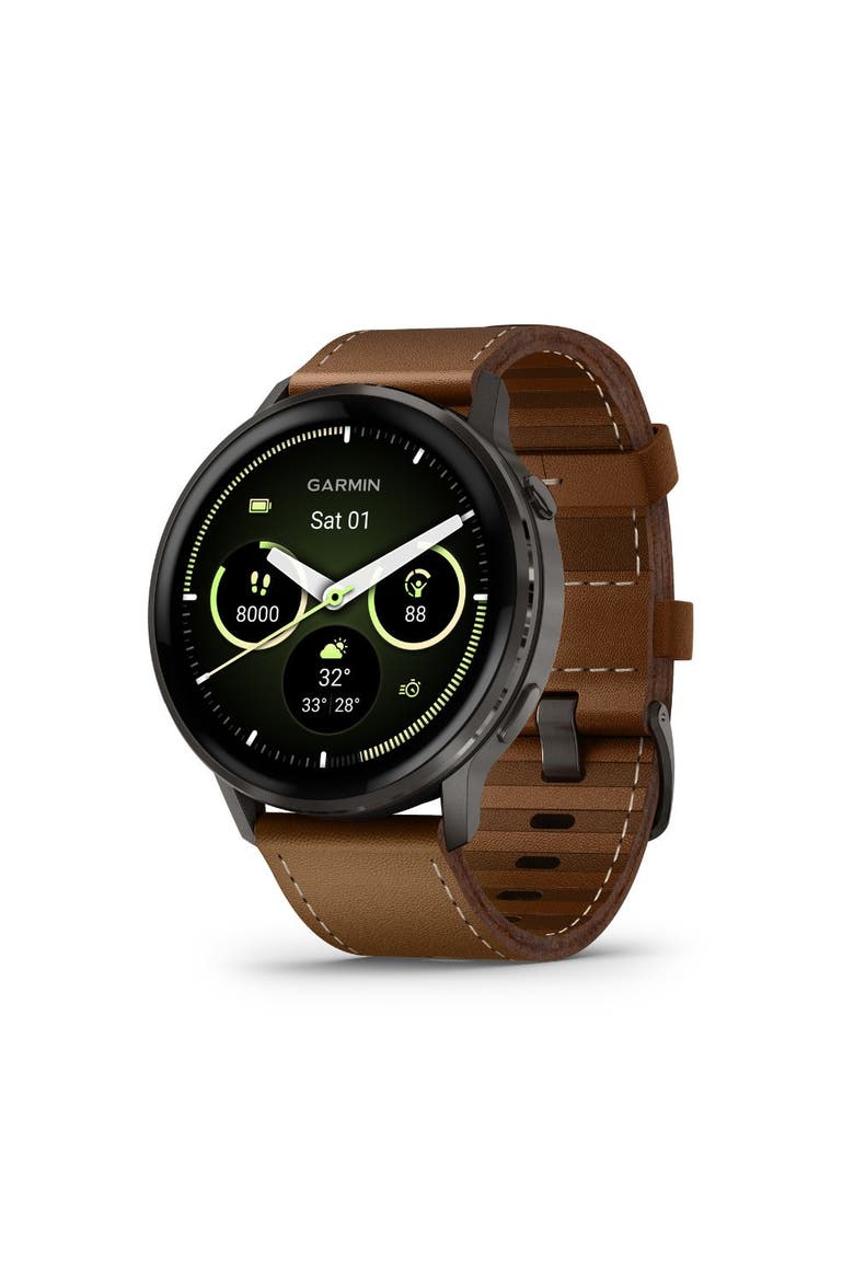 Venu 4 Smartwatch 45mm, Main, color, Brown leather band