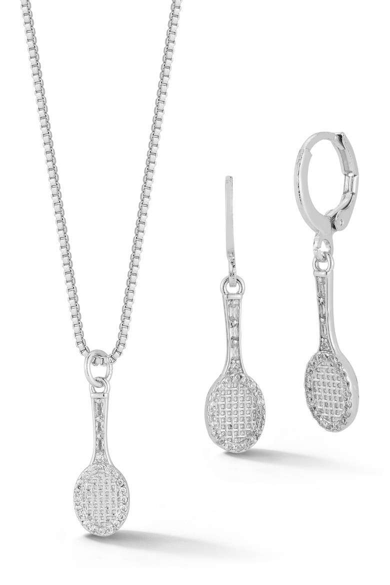 Tennis Racquet Drop Huggie Hoop Earrings & Necklace Set, Main, color, SILVER