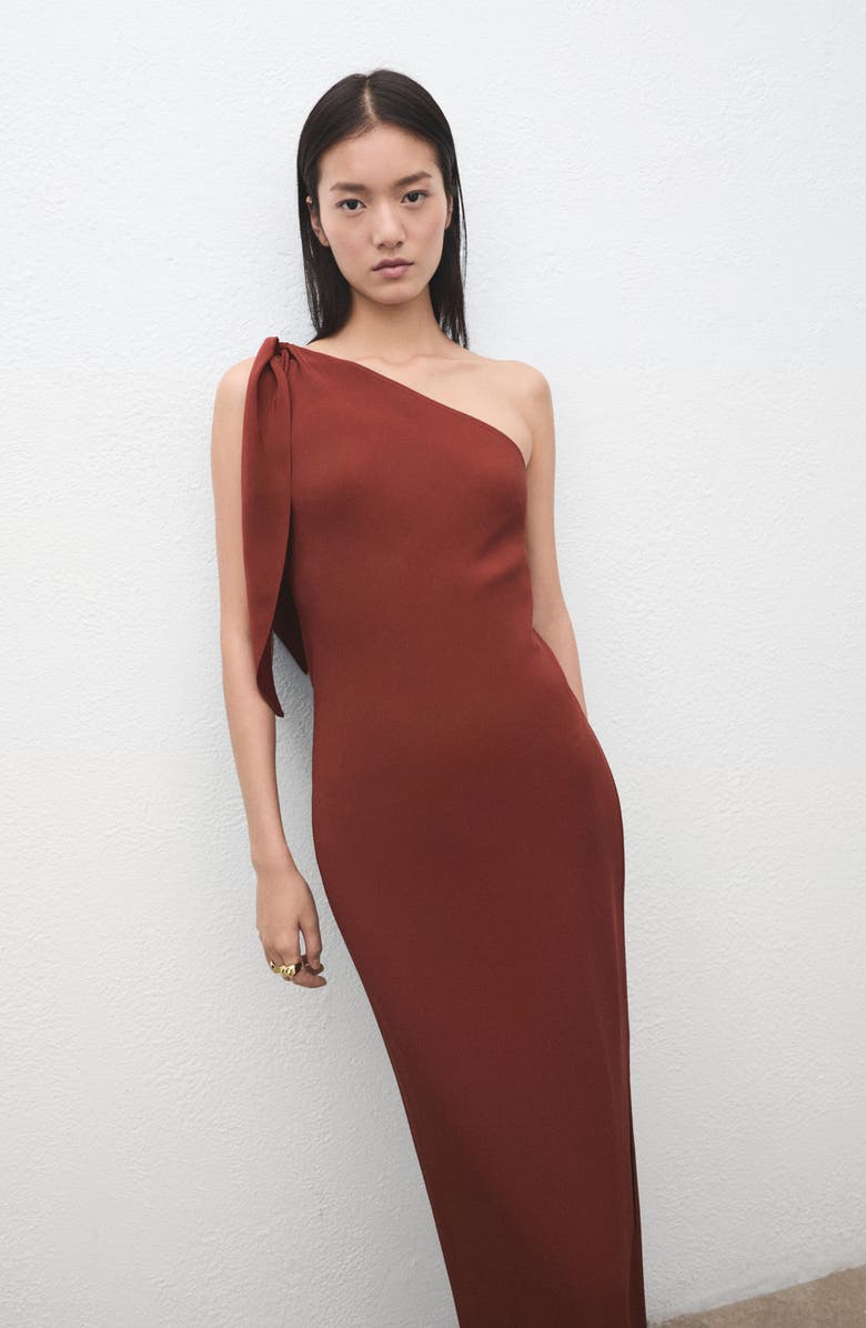 MANGO Tie Strap One-Shoulder Maxi Dress, Alternate, color, Burgundy