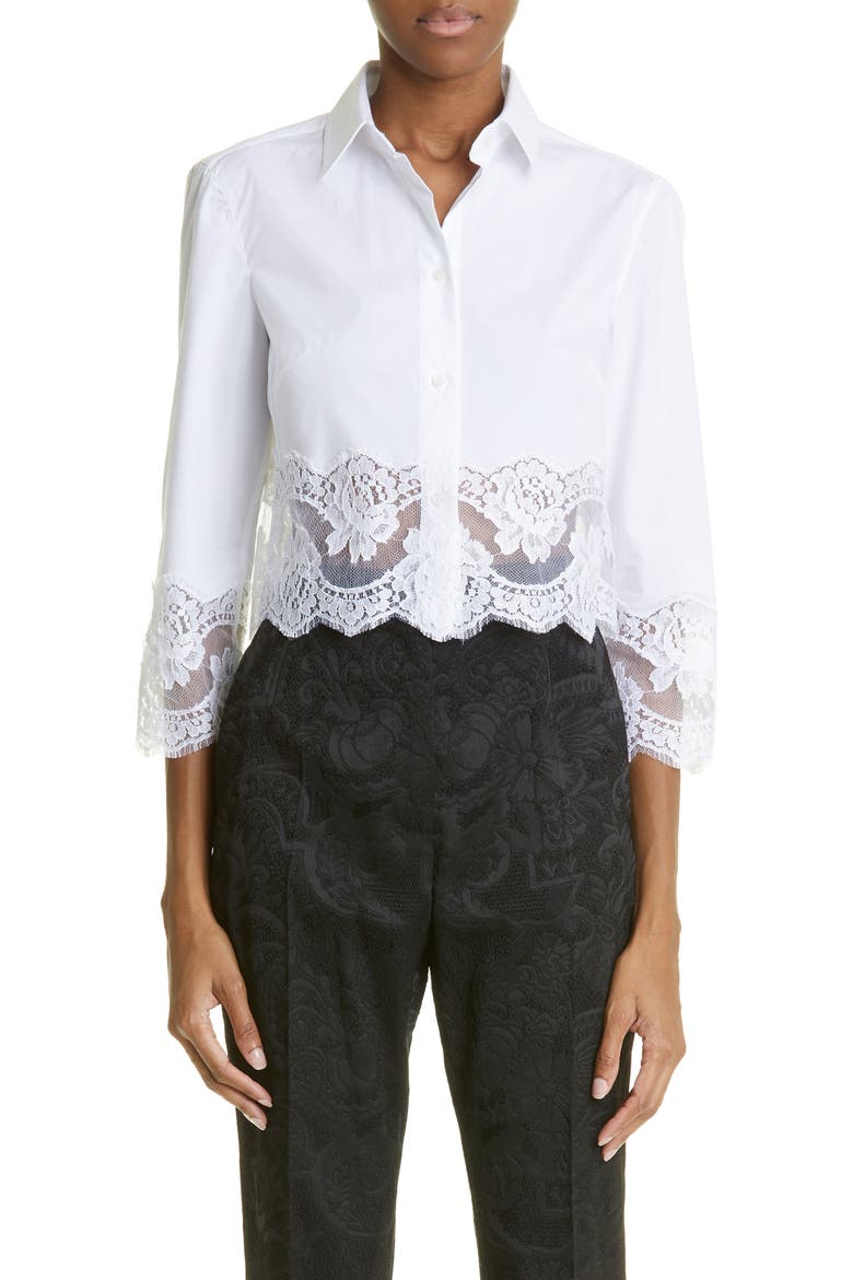 Button Up Floral Lace Crop Button-Up Shirt, Main, color, W0800 BIANCO OTTICO