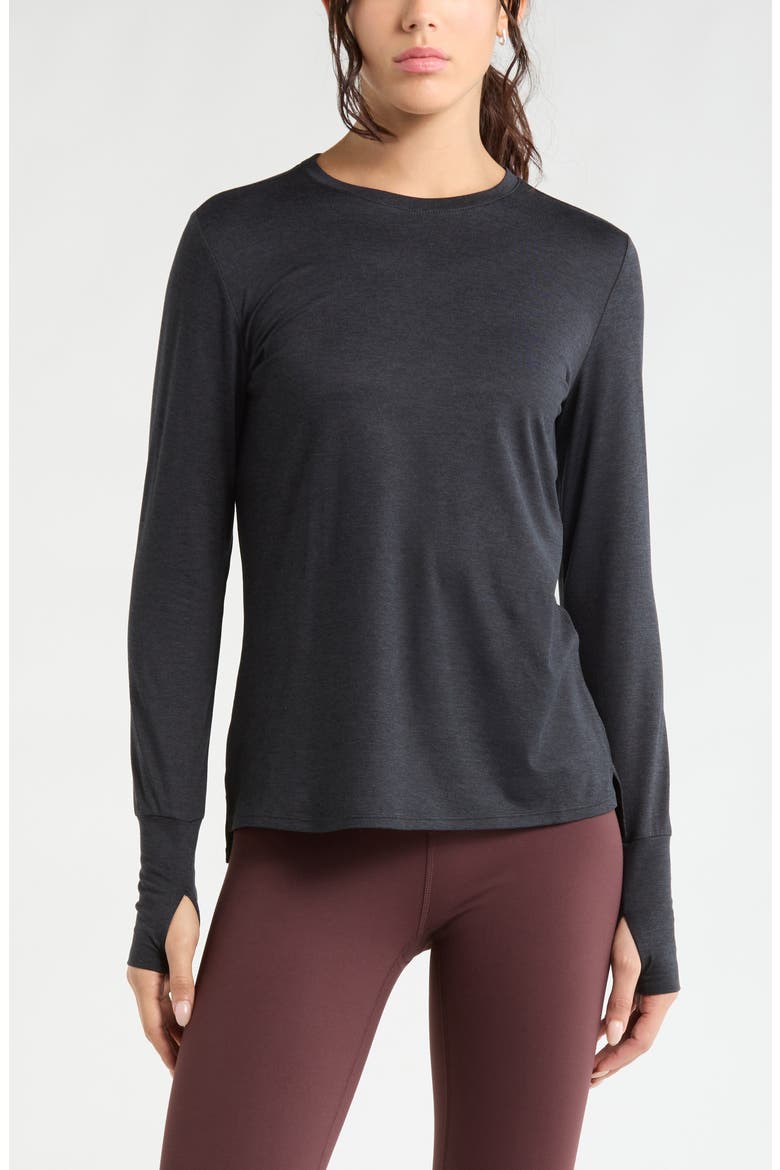 Long Sleeve Split Hem T-Shirt, Main, color, BLACK