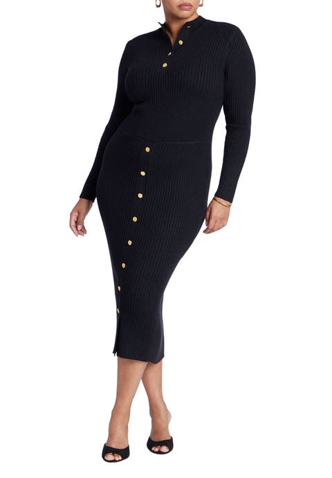 Mock Neck Rib Button Dress