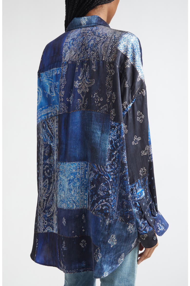 Drop Neck Patchwork Oversize Silk Button-Up Shirt, Alternate, color, BLUE MULTI BANDANA PRINT