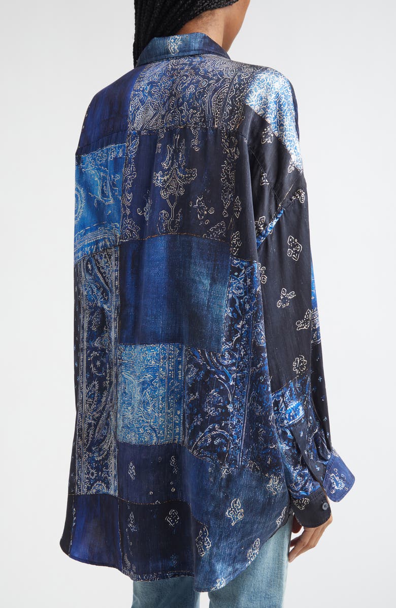 R13 Drop Neck Patchwork Oversize Silk Button-Up Shirt, Alternate, color, Blue Multi Bandana Print