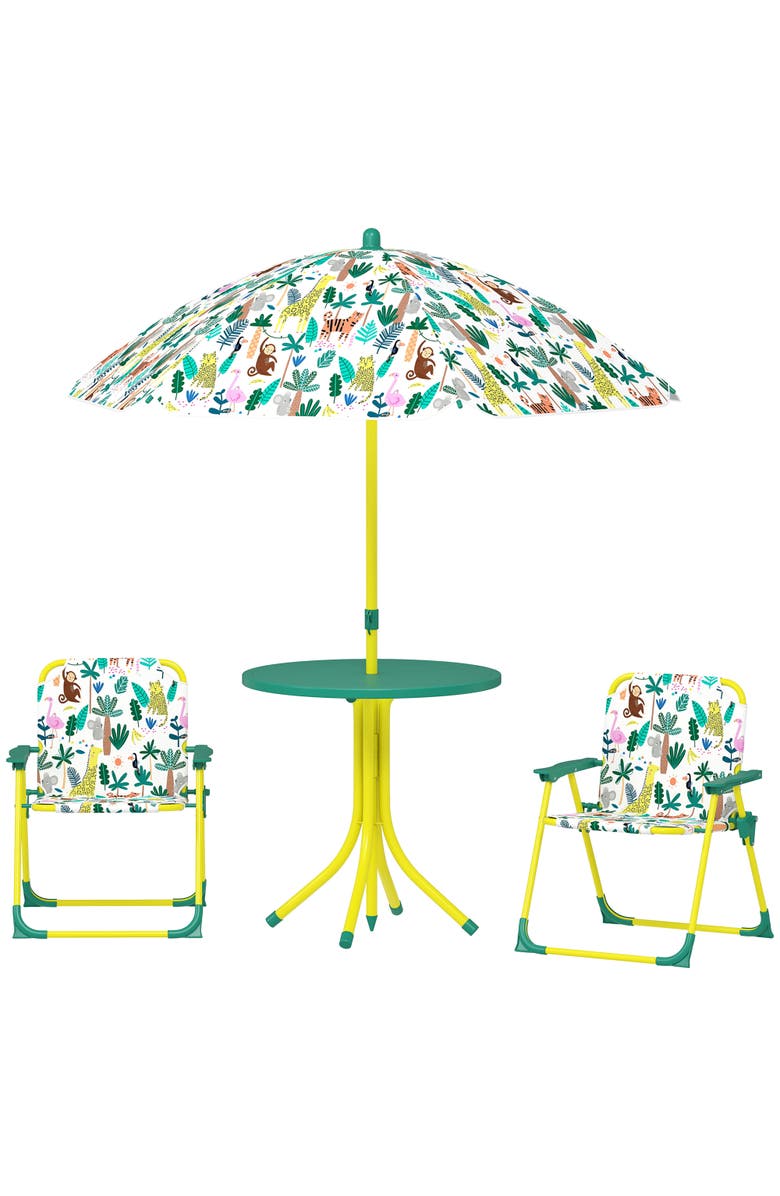 Qaba Kids Outdoor Picnic Table with Folding Chairs and Umbrella, Main, color, Green