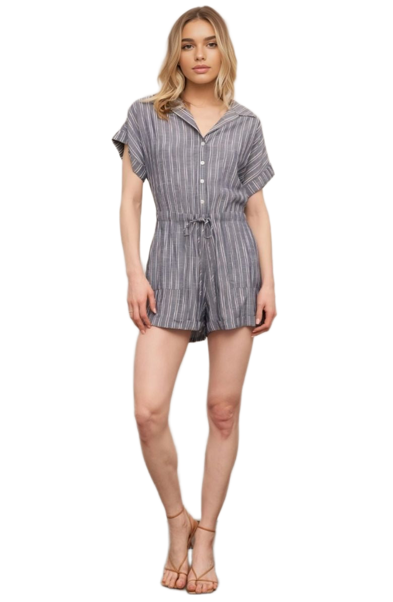 Knit and Lounge Striped Button Front Drawstring Waist Short Sleeve Cuffed Hem Romper, Alternate, color, Slate Blue