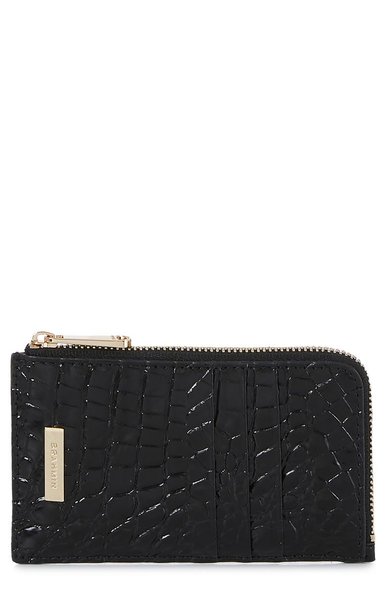 Brahmin Lennon Croc Embossed Leather Card Case, Main, color, Black