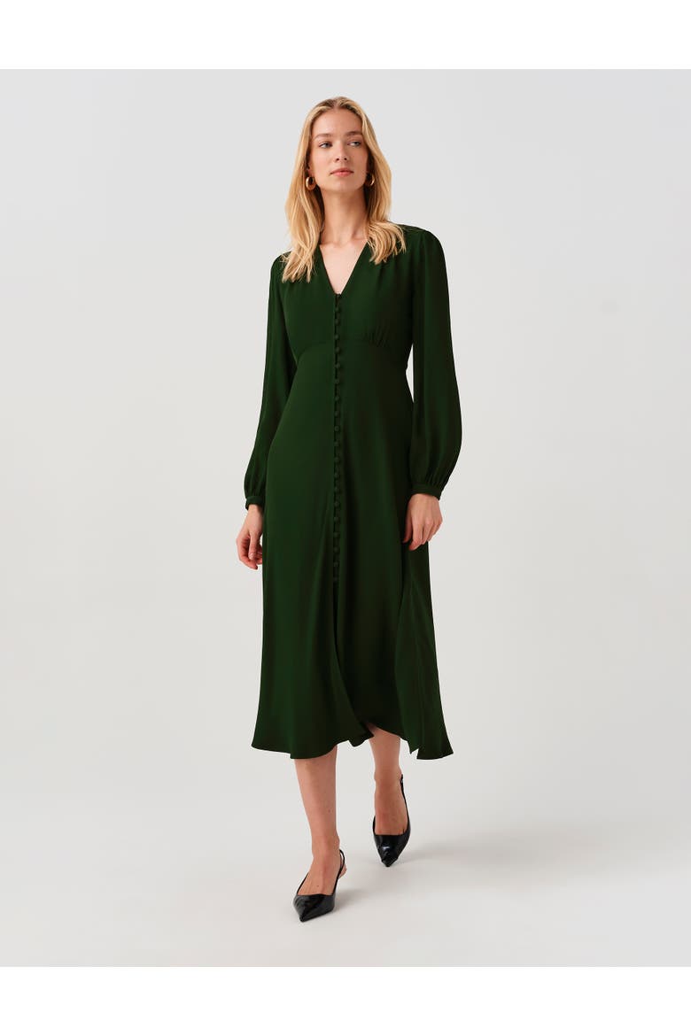Francesca Crepe Button Down Midi Dress, Alternate, color, Forest Green
