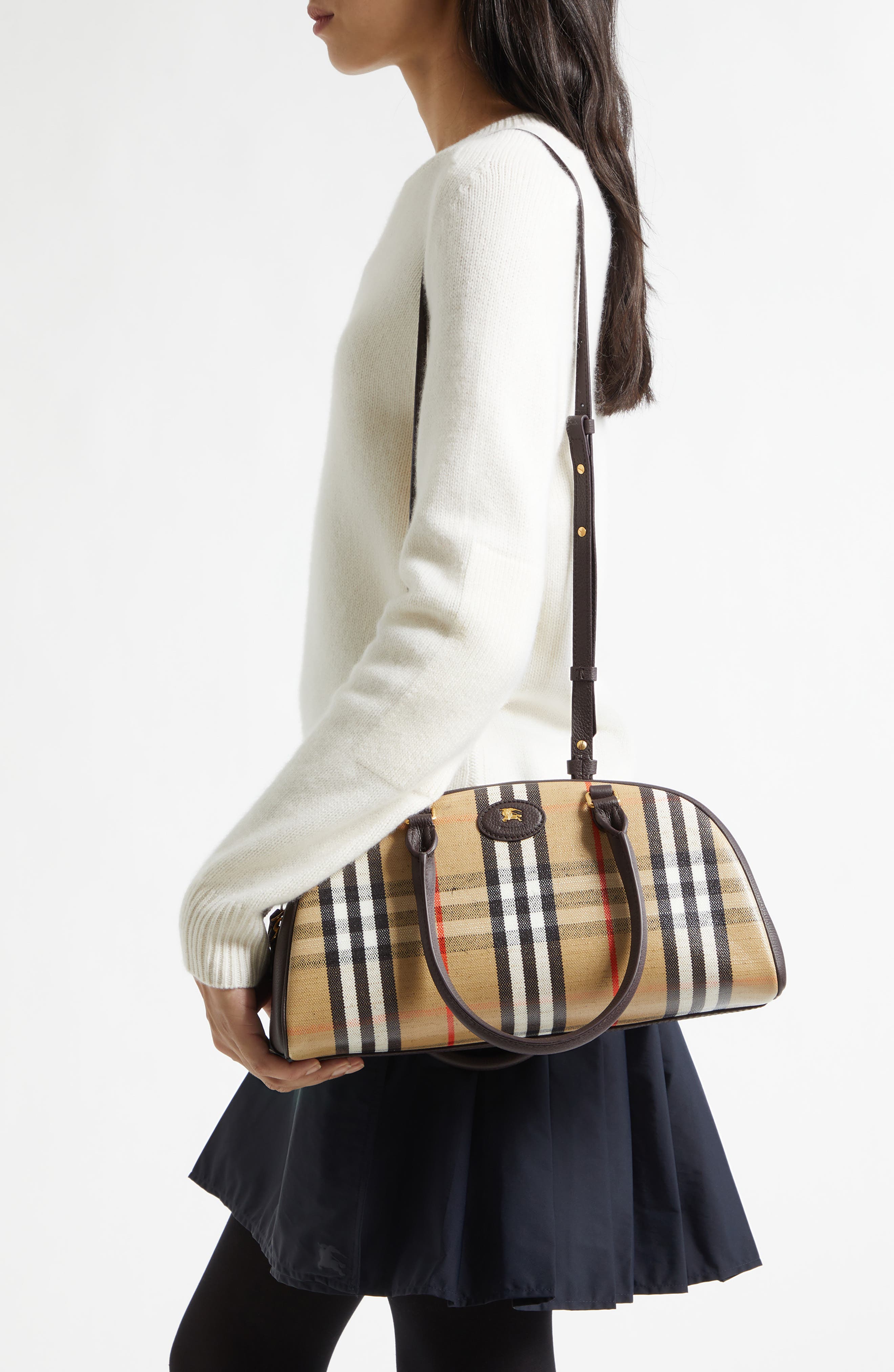 Burberry Medium Highlands Check Leather Bowling Bag, Alternate, color, Sand