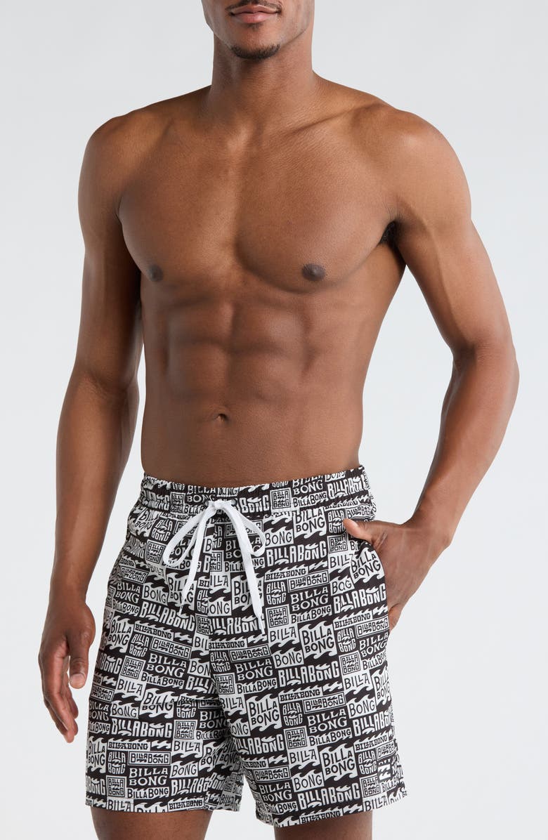 Billabong Allover Logo Volley Swim Trunks, Main, color, Black