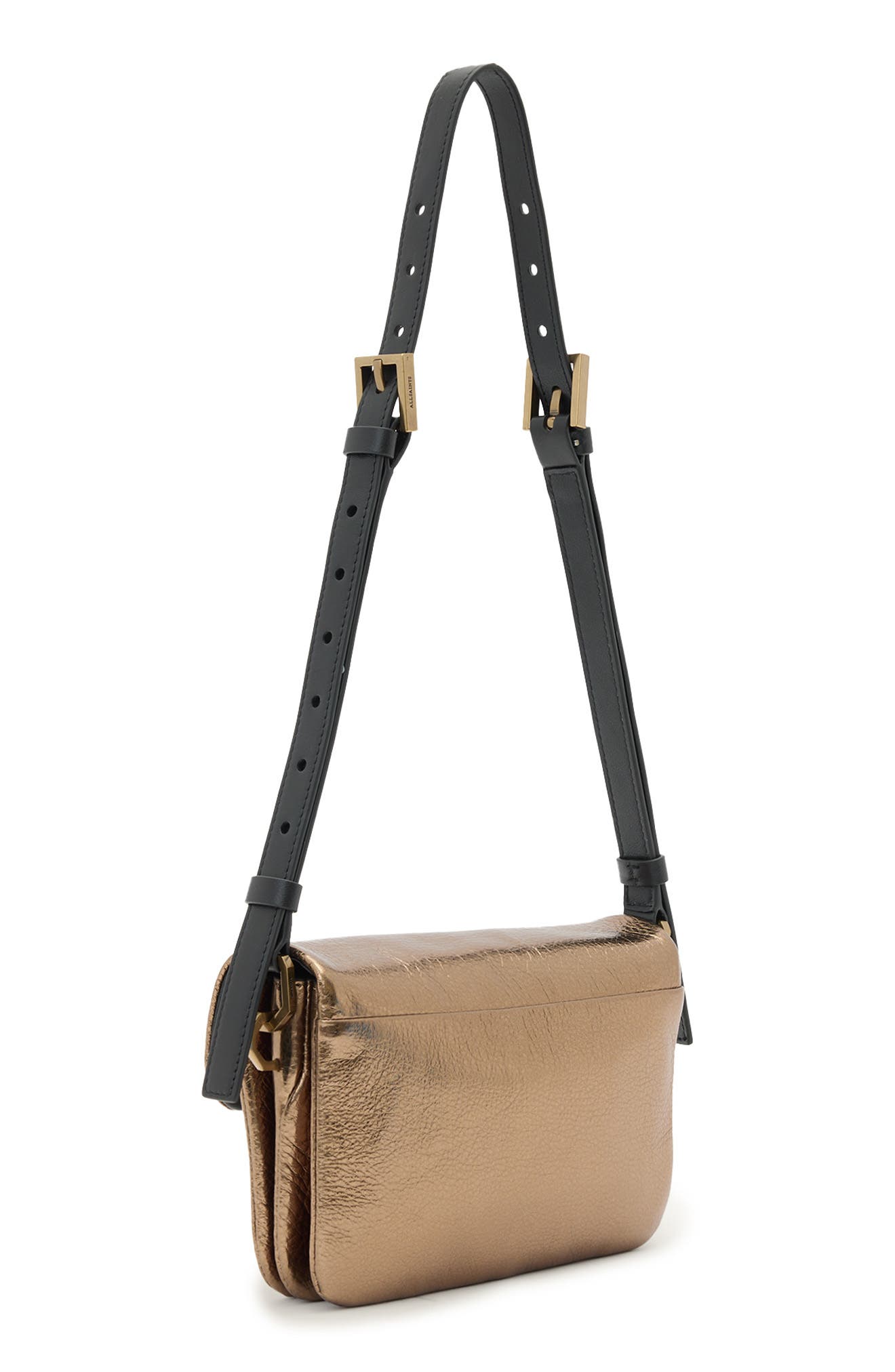 AllSaints Jupiter Metallic Leather Crossbody Bag, Alternate, color, Warm Brass
