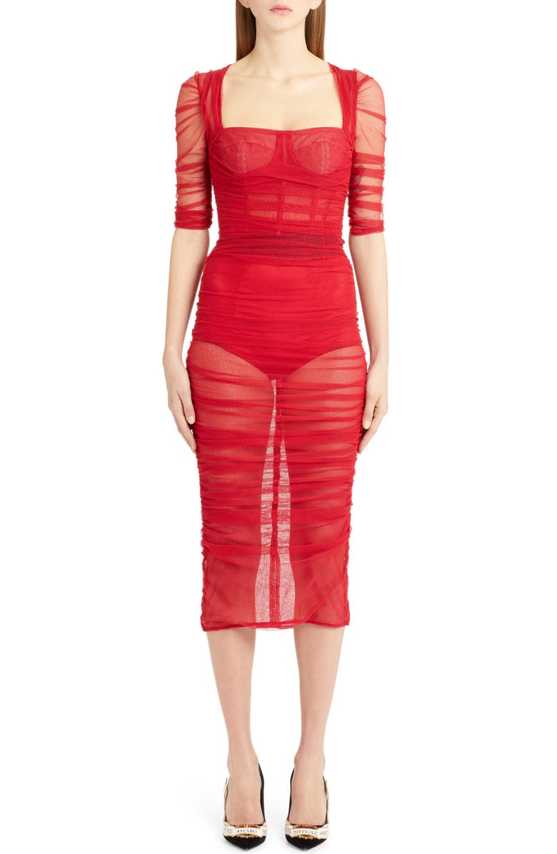 Dolce&Gabbana Ruched Tulle Body-Con Dress, Alternate, color, 