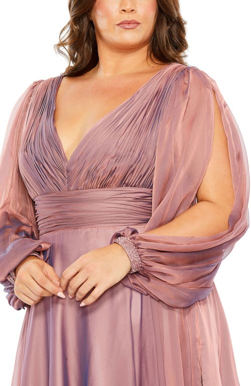 Mac Duggal Puff Sleeve W/ Embellished Cuff V Neck A Line Gown In Antique Rose