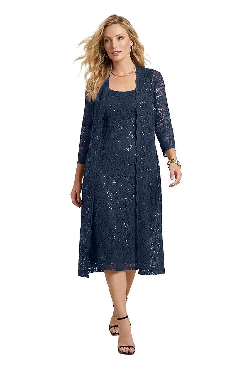 Plus Size 3/4 Sleeve Formal Duster Sequin Embellished Lace Dress Set, Alternate, color, NAVY