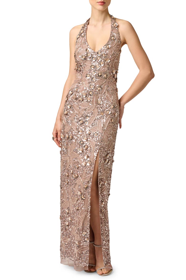 Sequin & Floral Halter Neck Sheath Gown, Main, color, SMOKEY MAUVE
