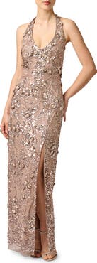 Aidan Mattox Sequin & Floral Halter Neck Sheath Gown