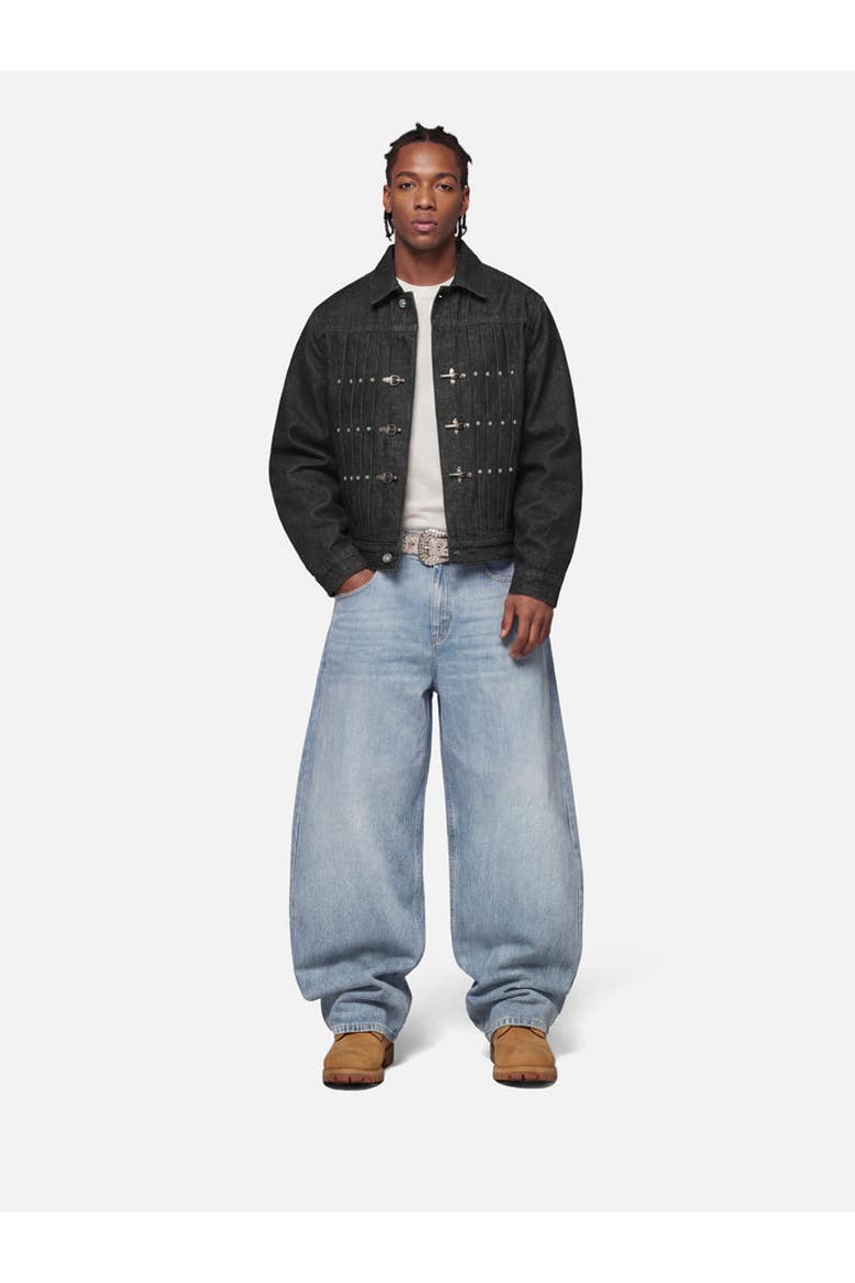 Inverted Graphic Baggy Barrel Jeans, Main, color, Blue