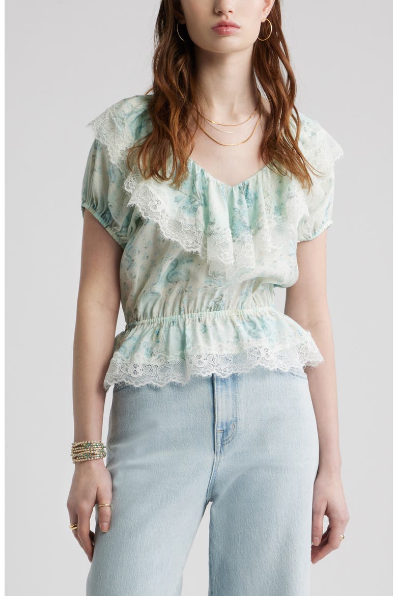 Lace Trim Puff Sleeve Peplum Top, Main, color, BLUE WALLPAPER COLLAGE