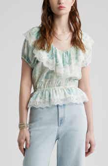 Lace Trim Puff Sleeve Peplum Top