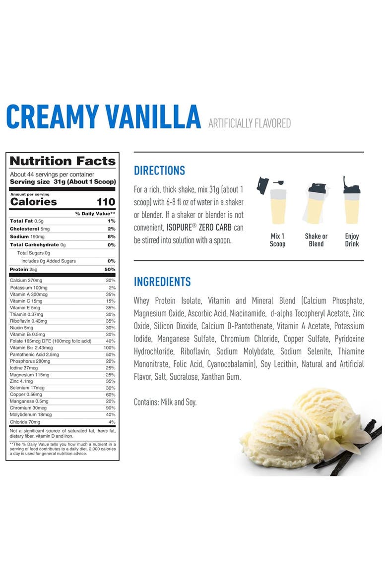Zero Carb Pure Whey Protein Isolate Powder Creamy Vanilla, Alternate, color, None