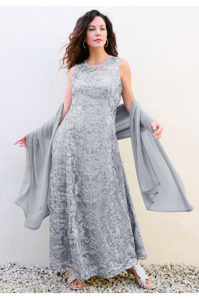 Plus Size Allover Lace Embellished Shawl Gown, Alternate, color, SPARKLING CHAMPAGNE