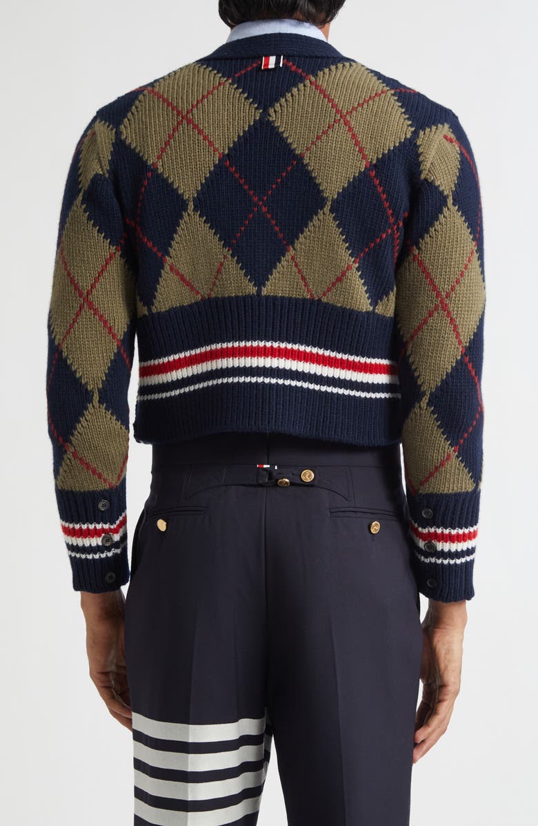 Thom Browne Argyle Intarsia Shrunken Virgin Wool Blend Cardigan, Alternate, color, Navy