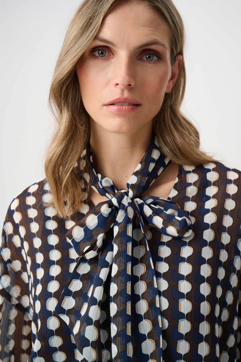 Chiffon Geometric-Print Tie-Neck Blouse, Alternate, color, Brown/Multi