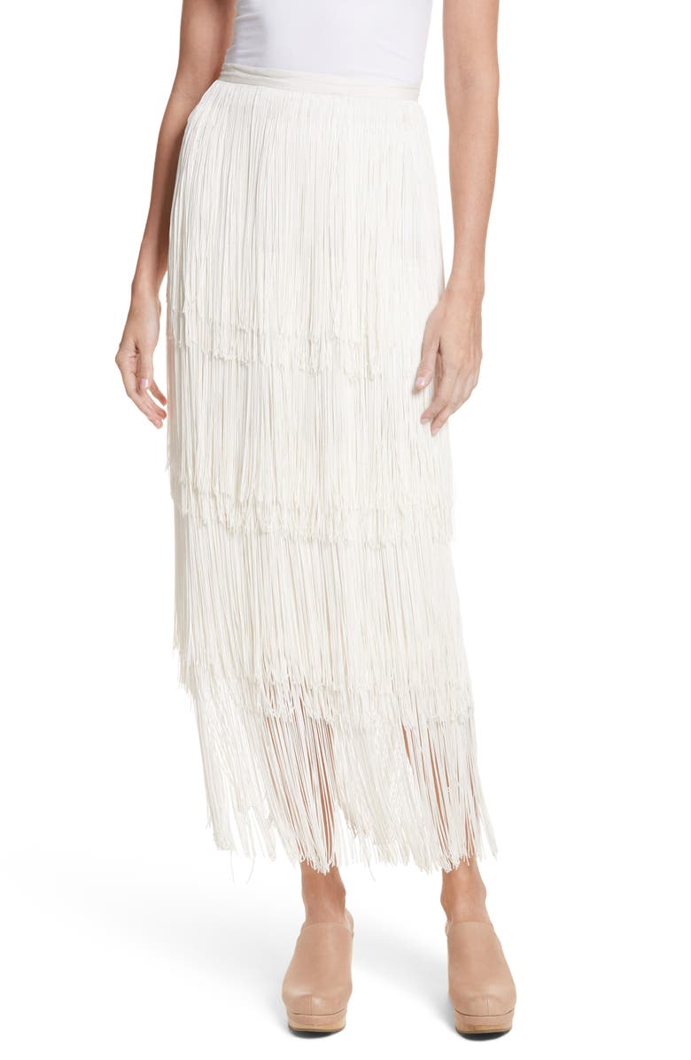 Rachel Comey Gyre Tiered Fringe Silk & Linen Skirt, Main, color, 