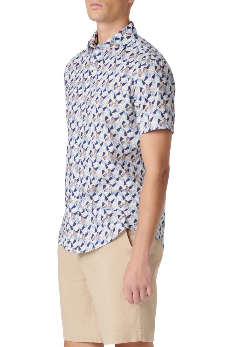 Bugatchi Orson Geo Print Short Sleeve Cotton & Linen Button-Up Shirt, Alternate, color, Sand
