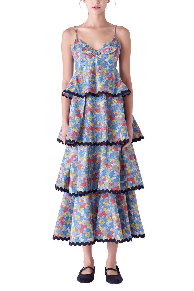 Grid Print Tiered Maxi Dress, Alternate, color, BLUE MULTI