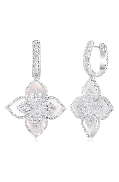 Pavé Cubic Zirconia Floral Drop Huggie Hoop Earrings