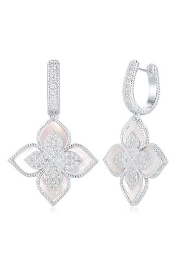Suzy Levian Pavé Cubic Zirconia Floral Drop Huggie Hoop Earrings
