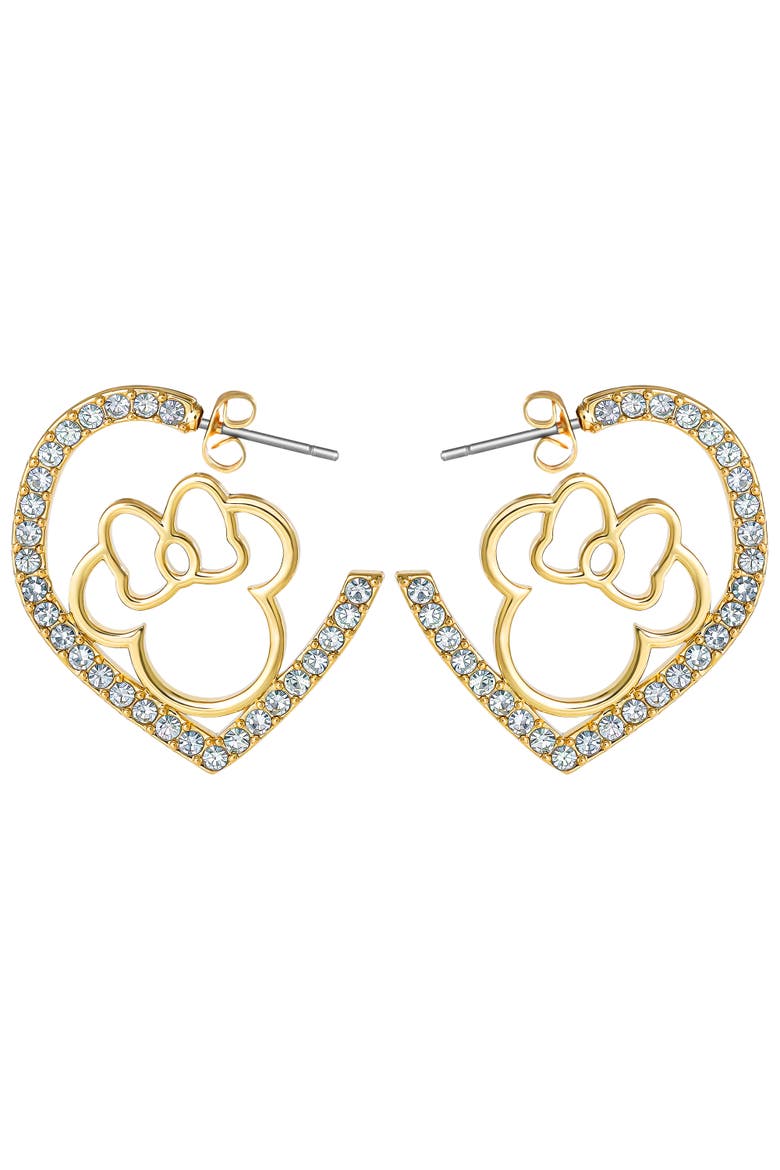Minnie Mouse Heart Earrings, Gold-Tone Outline with Crystal Pavé, Alternate, color, Gold Tone