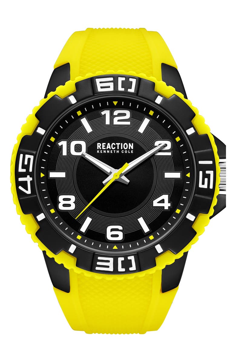Kenneth Cole Reaction Three Hand Quartz Silicone Strap, 49mm, Main, color, Yellow