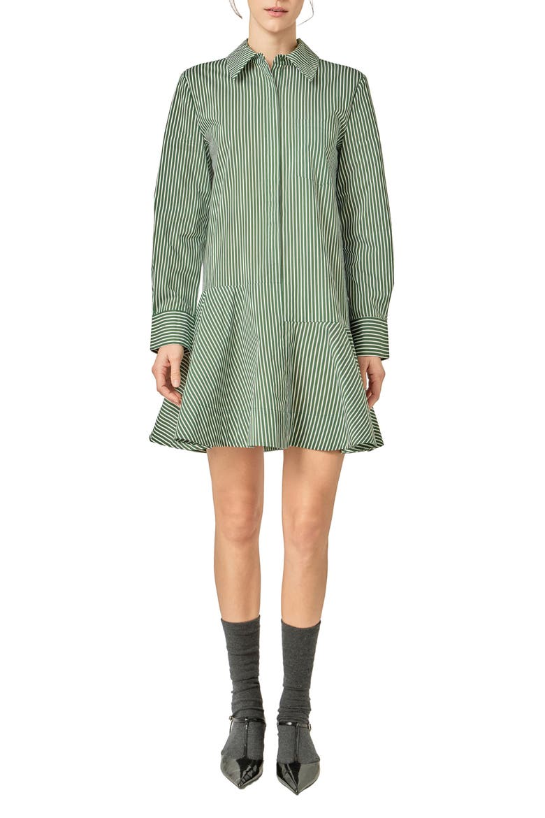 Stripe Ruffle Hem Long Sleeve Shirtdress, Main, color, DARK OLIVE
