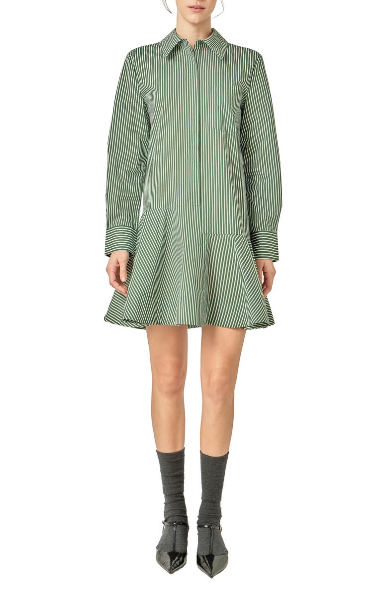 English Factory Stripe Ruffle Hem Long Sleeve Shirtdress, Main, color, Dark Olive