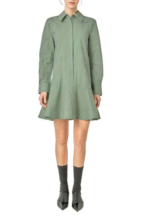 Stripe Ruffle Hem Long Sleeve Shirtdress