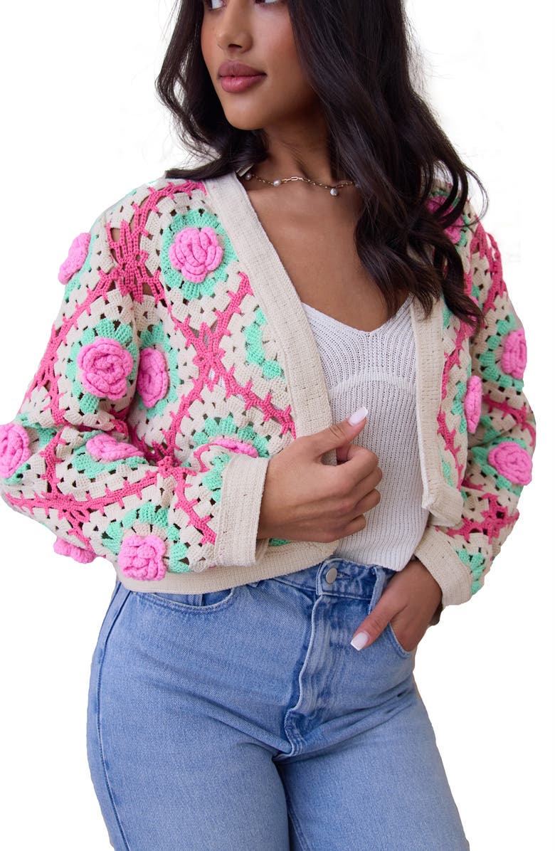 SAACHI Granny Square Open Front Cardigan, Alternate, color, Ivory