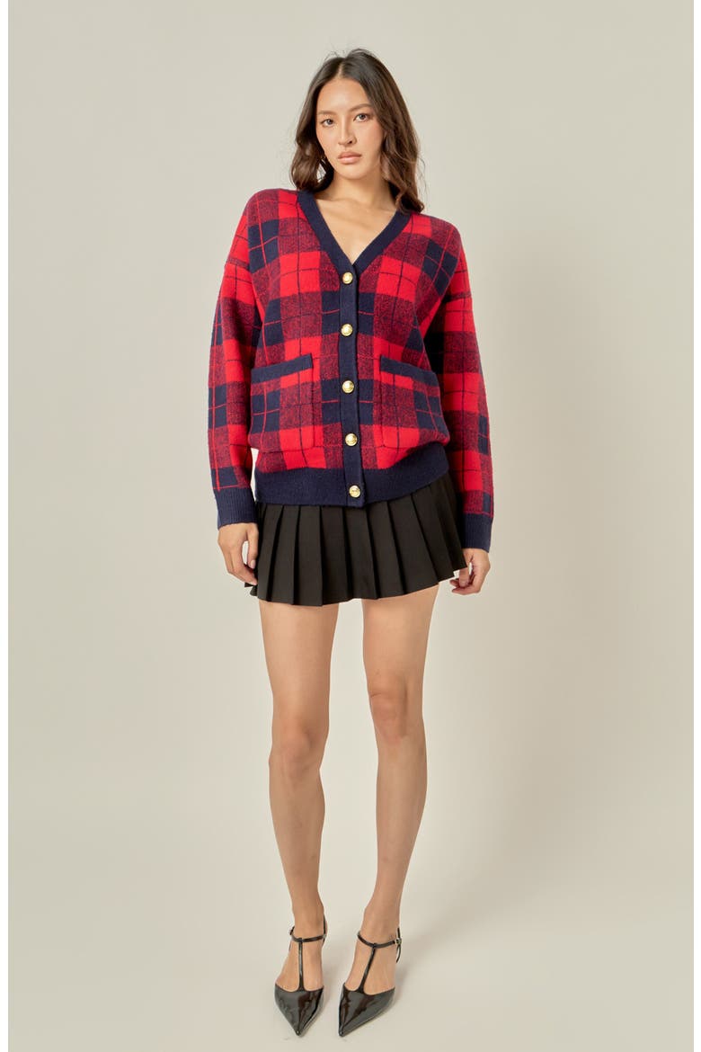 Oversize Check Cardigan, Alternate, color, BURGUNDY