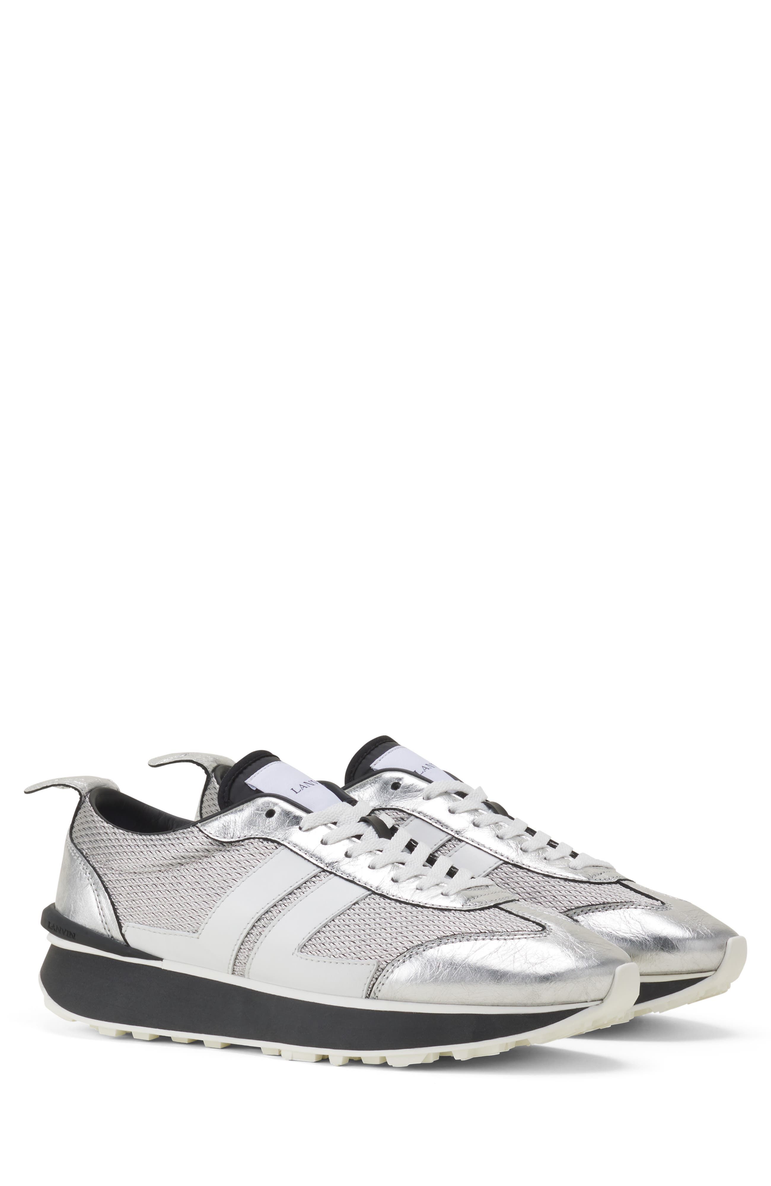 Lanvin Bumpr Sneakers In Crinkled Metallic Leather, Alternate, color, White