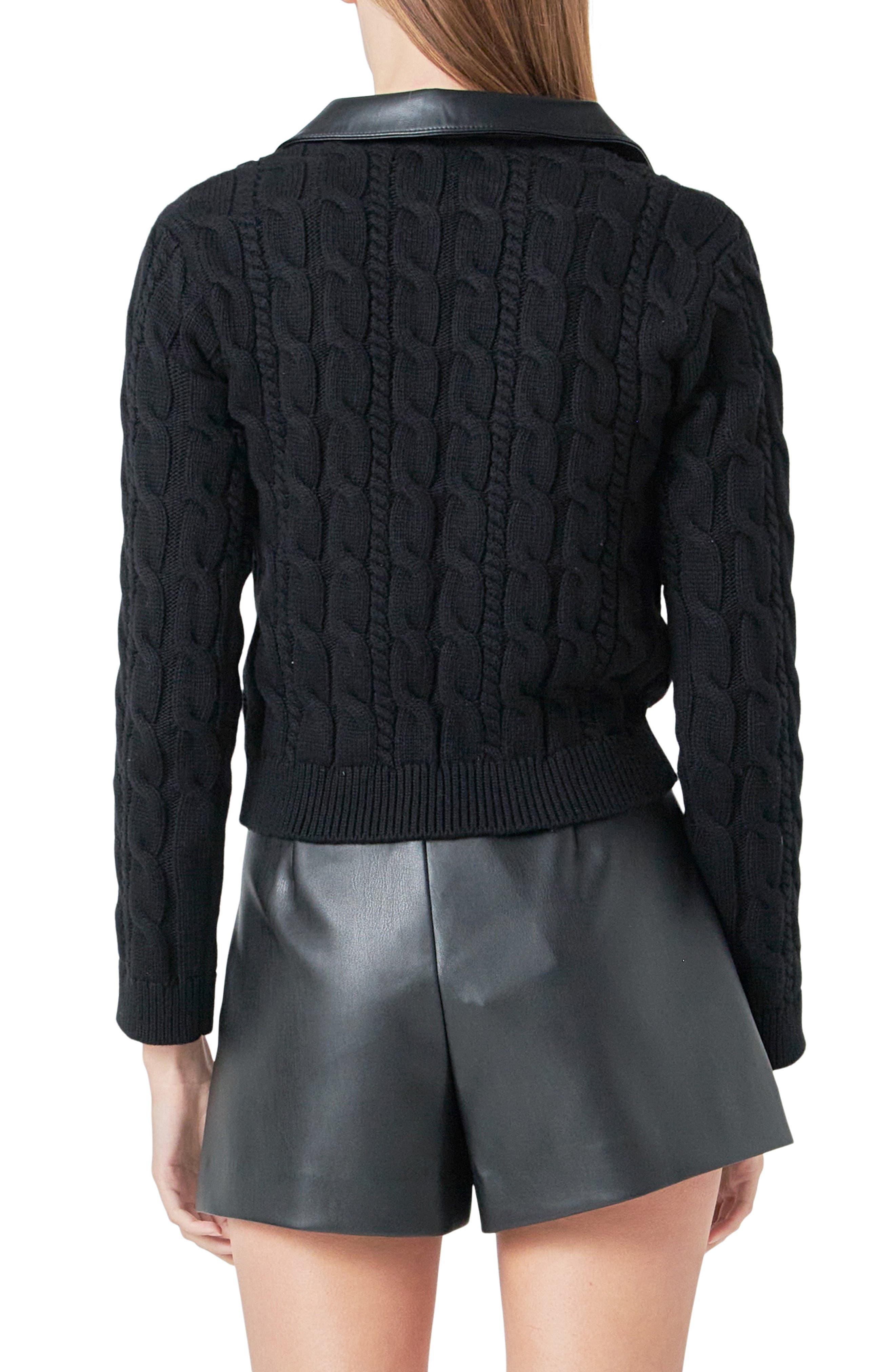 Faux Leather Collar Cable Sweater - image 2