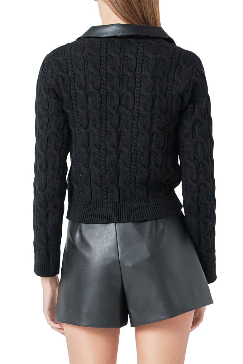 Faux Leather Collar Cable Sweater, Alternate, color, BLACK
