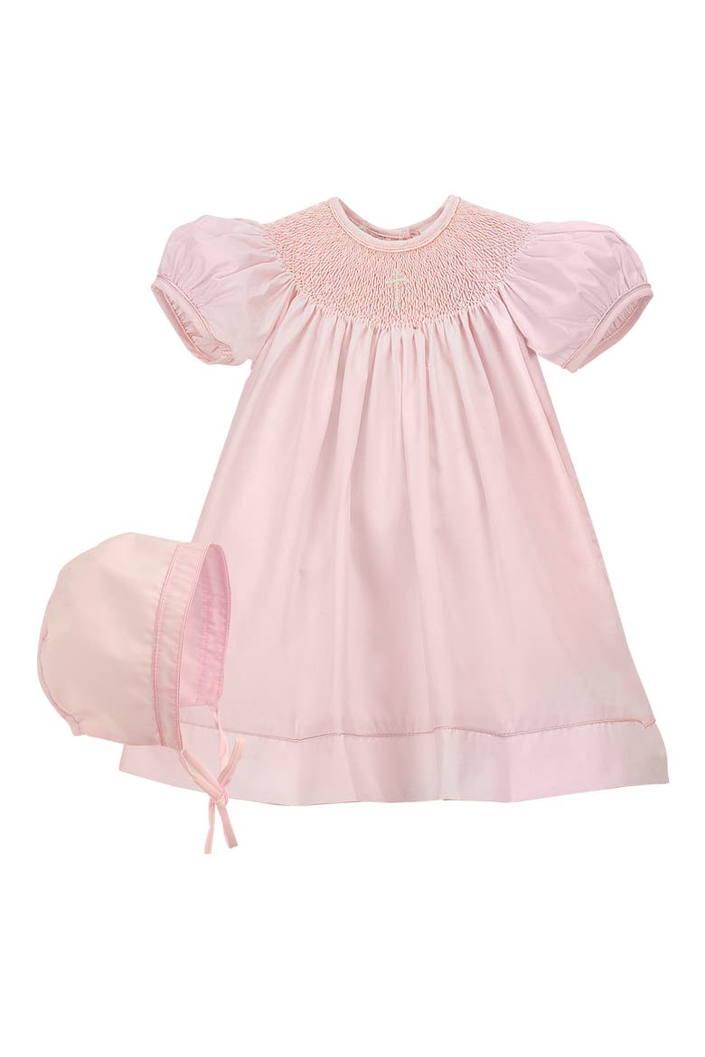 Imitation Pearl Cross Christening Gown & Bonnet Set, Main, color, PINK