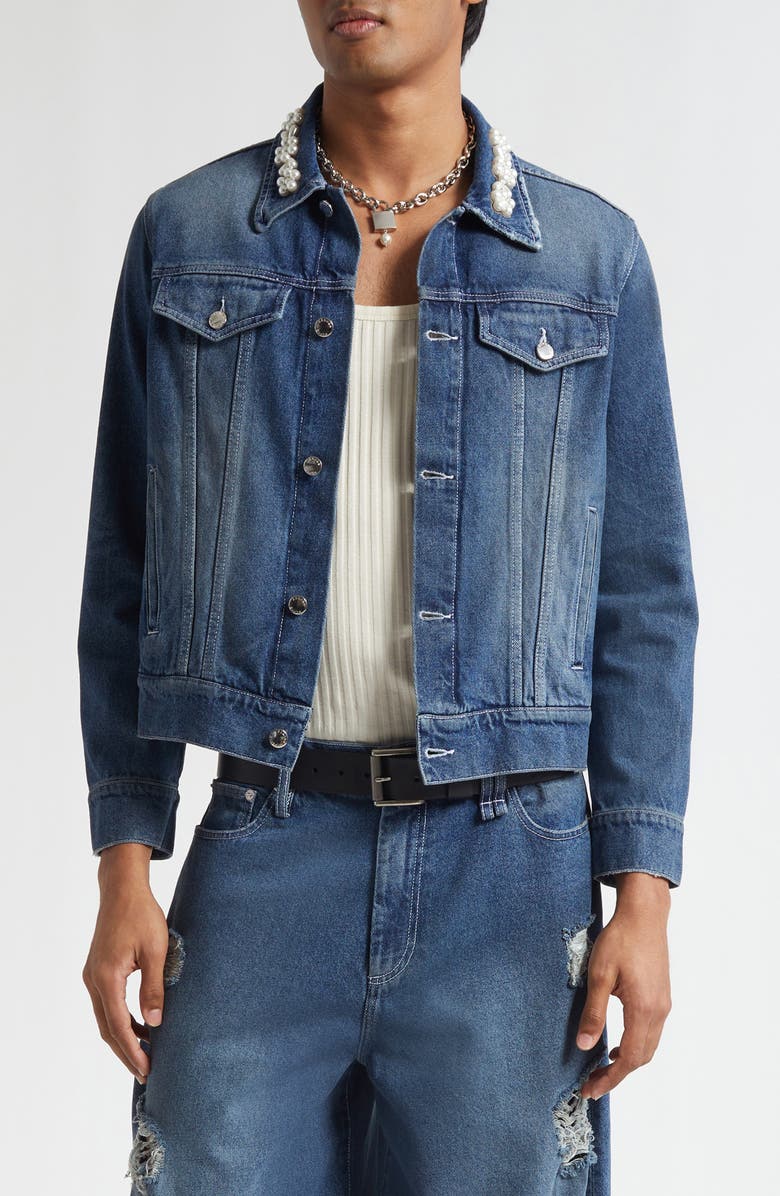 Simone Rocha Faux Pearl Trim Denim Trucker Jacket, Main, color, Distressed Blue/ Pearl/ Clear