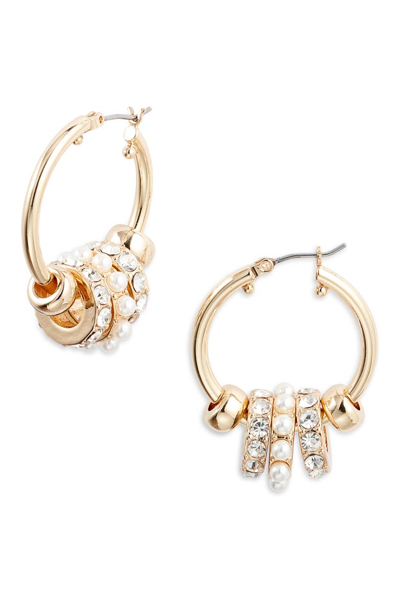 Pavé Crystal Rondelle Faux Pearl Hoop Earrings, Main, color, CLEAR- WHITE- GOLD