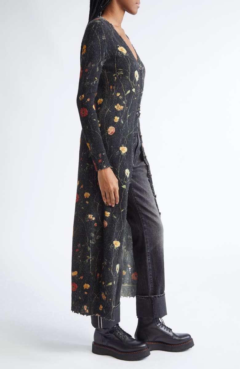 R13 Floral Skinny Long Merino Wool Cardigan, Alternate, color, Floral On Black