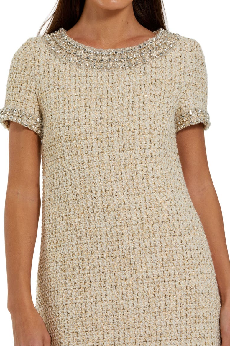 Women's Short Sleeve Boucle Mini Dress With Beading Detail, Alternate, color, Ivory Gold