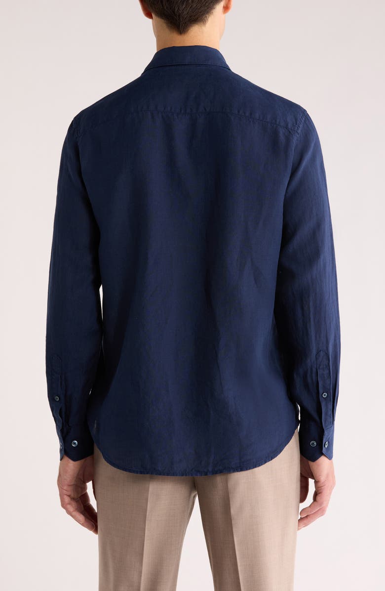 Bugatchi Axel Shaped Fit Linen Button-Up Shirt, Alternate, color, Navy