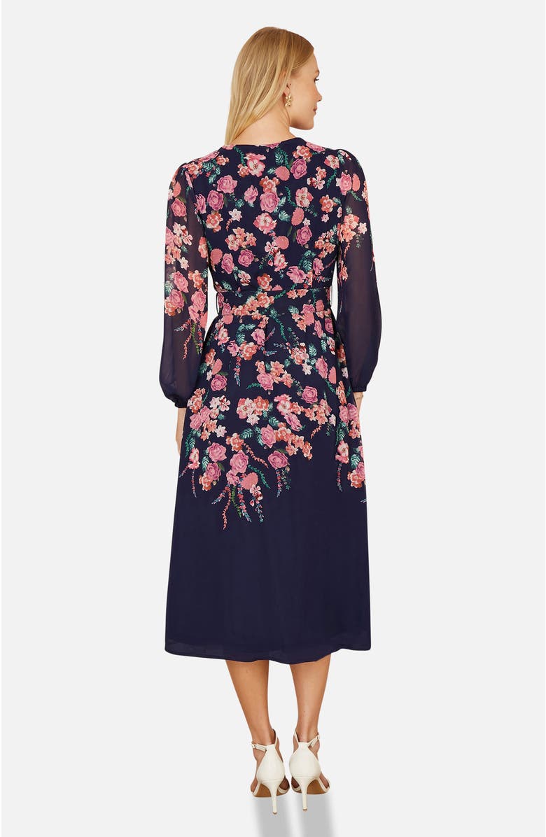 Yumi Belted Floral Midi Dress, Alternate, color, Navy