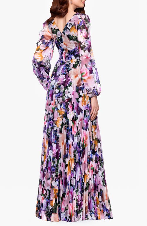 BETSY & ADAM BETSY & ADAM METALLIC FLORAL PLEATED LONG SLEEVE GOWN 